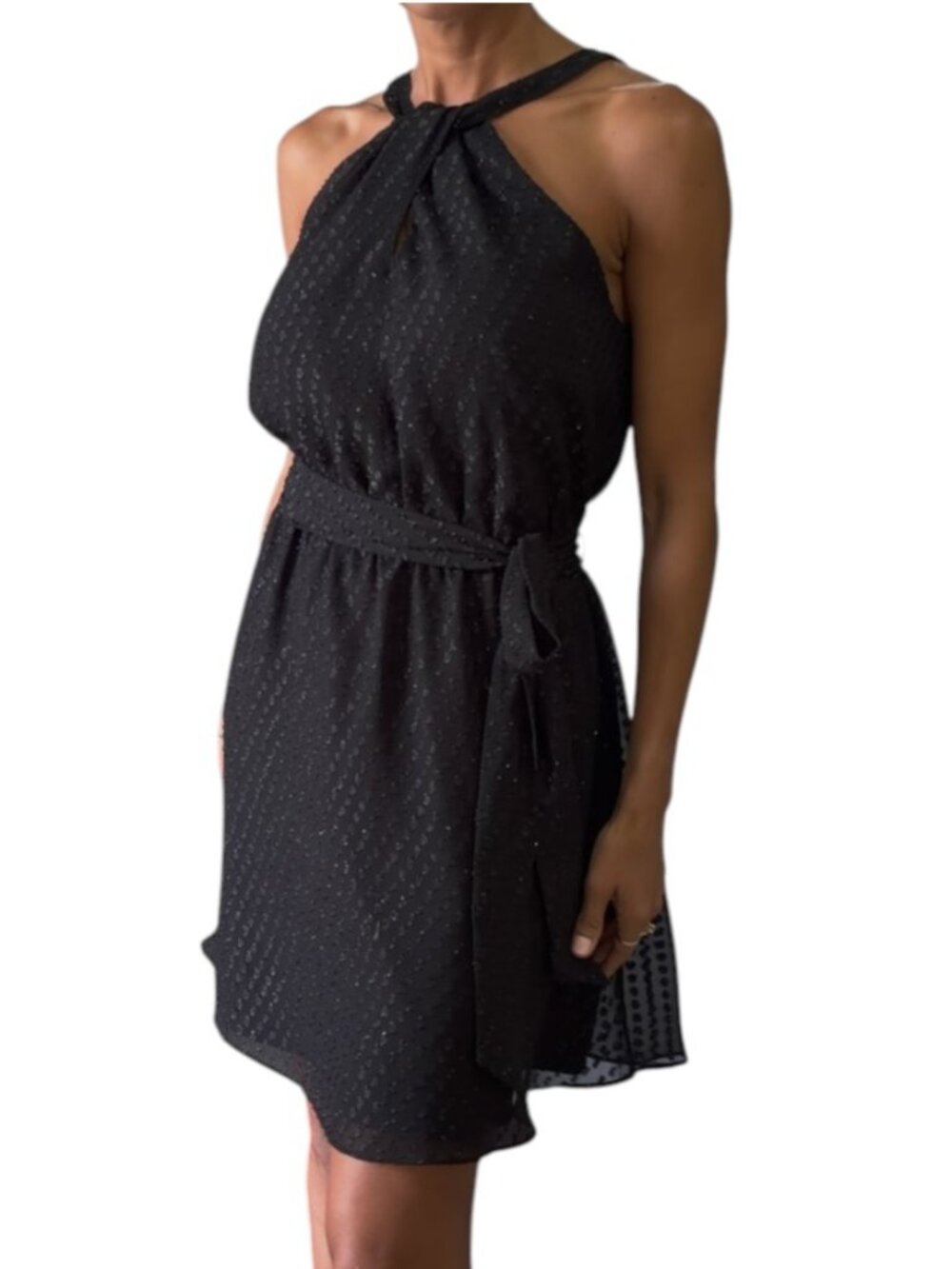 Express Black Clip Dot Dress Sleeveless Tie Waist Flared Hem Size S Petite